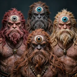 !5 three eyed gods, third eyes middle of foreheads, very wide wide shot, very hairy bodies, beautiful colors, eyes in forehead, beautiful lighting, detailed photographs, very detailed