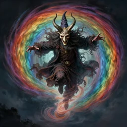 a flying wizard with horned mask surrounded by a rainbow colored tornado, art by artgerm and greg rutkowski and alphonse mucha, detailed, realistic, long hair, levitating wizard, inside the tornado ultra realistic, concept art, intricate details, feral, eerie, highly detailed, dark fantasy, photorealistic, octane render, 8 k, unreal engine 5.