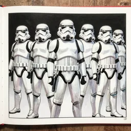 draw a full page comic book panel with amazing artwork. a group of storm troopers explode explode explode inside a transport spaceship. style : thick outline drawing and alcohol ink