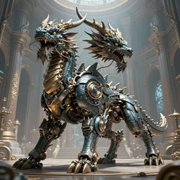 a beautiful octane render of a huge ferocious kylin mythical animals occupy the ground, in the divine world hall, surrealistic, epic, 8 k hd, detail structure, dragon form, fine texture, light effect, unreal engine, trending on cgsociety, 3 d model, cool mecha style, trending on artstation, ultra wide angle,, 3 d render, ray tracing, mechanics, hyper detailed, denoise, deblurring, realistic physical rendering, close shot