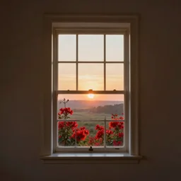 a interior photo of a vintage house single window with view to the sunrise near some red flowers, hyperrealistic, digital painting, masterpiece, high quality, highly detailed, high coherence, path traced, serene landscape, beautiful, elegant, bloom, godrays, complementary colors, natural lighting, symmetrical, low contrast, geometrically correct