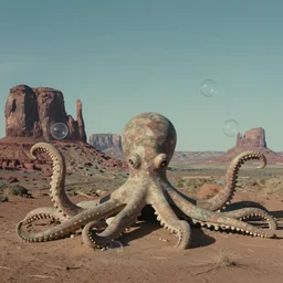 hyperrealist studio ghibli dull colors portrait from close encounters of the third kind 1 9 7 7 of two stone octopi statues swaying in a desert cliff bubble monument valley