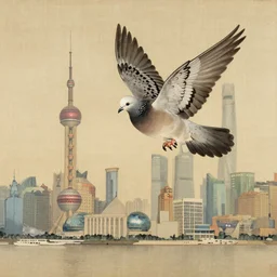 A spotted dove flying, with the skyline of Shanghai as background, Qing dynasty painting