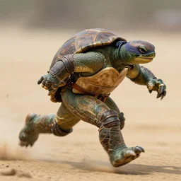 action photography, long shot, award winning macro photo of an ultra detailed intricate ninja turtle running fast in the sand, fast shutter speed, motion blur, tiny gaussian blur, highly detailed, highly intricate, depth of field, national geographic