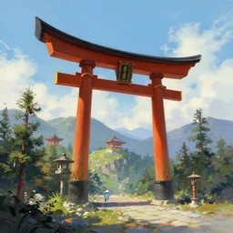 A beautiful digital painting of a giant Japanese shrine at the top of a hill in the mountains, fantasy, by Greg Rutkowsky and James Gurney, trending on Artstation