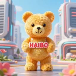portrait of haribo bear in future city, color and shape focus, cnetral composition, natural light, bloom