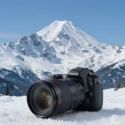 beautiful snow covered mountain, lens focused on mountain, mountain shot on dslr camera, ultra realistic, natural, 8 k render