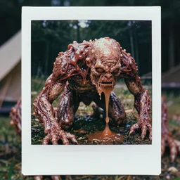 humanoid monster made with meat, ooze, slime, veins. in a camping, crawling, wet, photorealistic, vintage photography, color polaroid, octane render