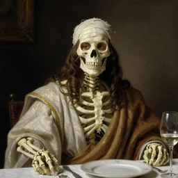 A philosopher king dressed in robes and a mummified skeleton sharing a dinner in the style of Rembrandt.