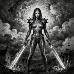 By Tom Bagshaw, ultra realist soft painting of curiosities carnival by night, very beautiful cultist full bodysuit radiant blades, symmetry accurate features, very intricate details, ominous sky, black and white, volumetric light clouds
