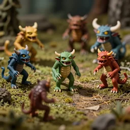 miniature figurines of colorful heironymus bosch monsters, close up, detail, tilt shift, product photography