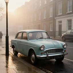 parked car on deserted london street 1960, fog, rain, volumetric lighting, beautiful, golden hour, sharp focus, ultra detailed, cgsociety
