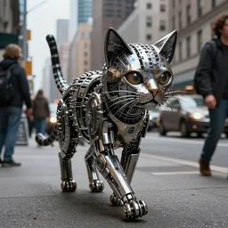 a t - 1 0 0 0 cat made of liquid metal walking in the streets of new york city and frightening all the people around, volumetric lighting, sharp focus, ultra detailed, cgsociety - w 1 0 2 4 - n 8 - i