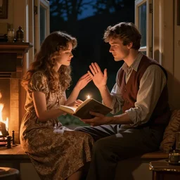 beguiling handsome man sitting on a window sill asking his beautiful young elegant girlfriend to join him so he can read her palm, enchanting, warm cabin, fireplace, night, set in the 8 0 s, artists impression, romantic, cosy, loving, frederic leighton style