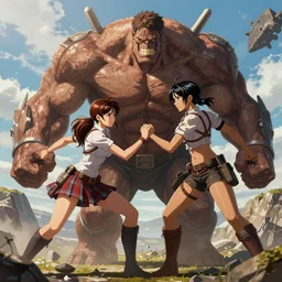 Colossal Titan fighting the Female Titan, Trending on ArtStation