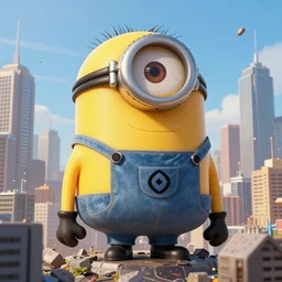 giant yellow minion, destroying megapolis with skyscrapers, perfect composition, golden ratio, beautiful detailed, photorealistic, digital painting, concept art, smooth, sharp focus, illustration, artstation trending, octane render, unreal engine