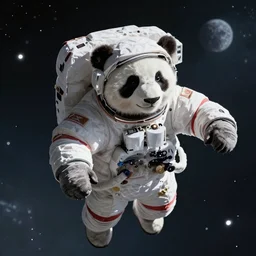 photo realistic panda bear astronaut floating in outer space, cinematic