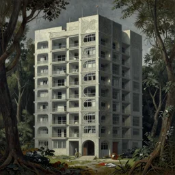 a painting of a building in the middle of a forest, a detailed matte painting, brutalism, raw concret, dystopian art, greeble, oil paint, insanely detailed and intricate, hypermaximalist, elegant, ornate, hyper realistic by eugene von guerard, zdzislaw beksinski, arnold boecklin, francisco goya, caravaggio
