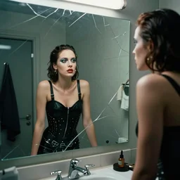 cinestill 5 0 d candid photographic portrait by quentin tarantino of a beautiful feminine man wearing black techwear skirt and glitter makeup looking in a broken bathroom mirror, cramped new york apartment, medium shot, retrofuturism cyberpunk cinematic, 8 k, hd, high resolution, 3 5 mm, f / 3 2, ultra realistic faces, clockwork orange