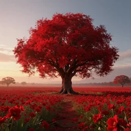 a big red tree in the middle of a battlefield near a bunch of red flowers at sunrise, hyperrealistic, concept art, octane render, unreal engine 5, trending on Artstation, high quality, 8K, dramatic lighting, cinematic, high coherence, highly detailed, Midjourney style, epic scene, path traced, low contrast, complementary colors