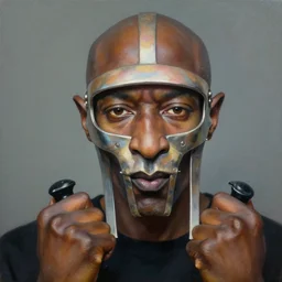 beautiful lifelike painting of mf doom forgets his pot holders, hyperreal detailed facial features and uv lighting, art by ed roth and basil wolverton