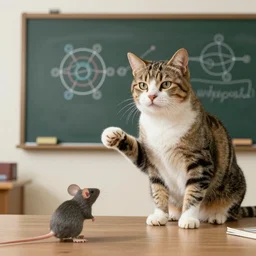 a cat teacher explaining quantum physics to a mouse student