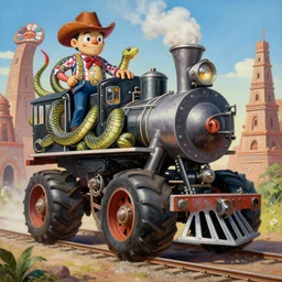 beautiful painting of anthropomorphic steam railway engine monster truck snake oil salesman cowboy caveman hydra, neo - andean architecture art by takashi murakami, art by lisa frank, art by jacek yerka, art by victor moscoso. lifelike mechanical eyes. locomotive snake. trending on artstation, hyperrealism, 1 0 k