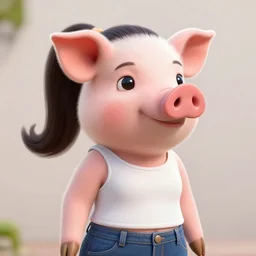 character portrait of a female anthropmophic pig with a pigtail. She has a cute beautiful attractive detailed pig snout face wearing a tanktop and slacks standing outside a city tattoo parlor with arm tattoos. Character design by charlie bowater, ross tran, artgerm, and makoto shinkai, detailed, inked, western comic book art