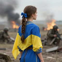 ukrainian girl, in blue and yellow clothes, watching war, concept art, trending on artstation, highly detailed, intricate, sharp focus, digital art, 8 k