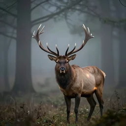 an alert elk with branch antlers in a foggy forest, epic scene, extremely detailed masterpiece, extremely moody lighting, glowing light and shadow, atmospheric, shadowy, cinematic