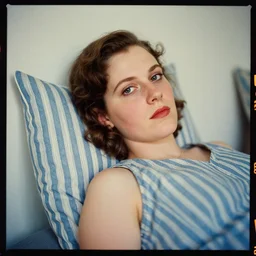 kodak portra 4 0 0, wetplate, muted colours, 1 9 3 0 s award winning colour portrait of a blue white striped pillow leaning against the wall by saul leiter, insanely detailed, insanely intricate, depth of field, blueberry