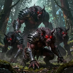demonic hulking werewolves in heavy armor, red glowing eyes, hunting in the forest. in style of greg rutkowski and hyung - tae kim, trending on artstation, dark fantasy, great composition, concept art, highly detailed, dynamic pose, vibrant colours, epic, 8 k.