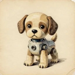 a cute robot puppydog!!!. ( ( ( alcohol ink on parchment, muted colors, shading!!!, detailed, textured parchment background, 1 9 5 0 s concept art ) ) )