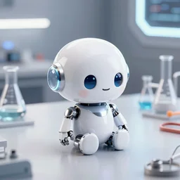 a cute rounded tiny robot, made out of shiny white metal, standing on a lab table surrounded by lab tools, sitting down, 3 d hyper realistic render, white neon lighting, pixar style, futuristic, science fiction, high angle shot, macro, technological