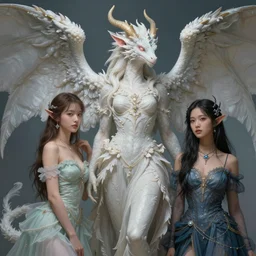highly detailed paintings of elven angel fairy dragons, hyper detailed, digital art, trending on artstation, cinematic lighting, studio quality, smooth, sharp details, in the style of nixeu and fenghua zhong and magali villeneuve.