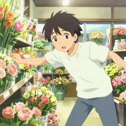 anime visual of a young man shopping at a florist's store interior, cute face by ilya kuvshinov, makoto shinkai, kyoani, masakazu katsura, dynamic pose, crisp and sharp, yoshinari yoh, rounded eyes, anime poster, cel shaded