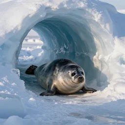 a seal walks through a tunnel made from ice and snow