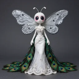 a anthropomorphic stop motion ghostly rosy maple moth black widow hybrid character, wearing a peacock wedding dress with an extra long train of peacock feathers, created by tim burton and vivienne medrano for a new stop motion cartoon animation, creepy, cute, macabre, cartoon, real life