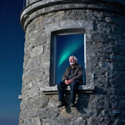portrait of an old man sitting in a stone watchtower next to a window, night sky through window, polaris, the north star, psychedelic, glitchcore, simulated reality, colorful, orange, purple, cyan, 8 k, trending on artstation, artgerm, ultra detailed, portrait, rossdraws, frank frazetta, andrei riabovitchev, marc simonetti