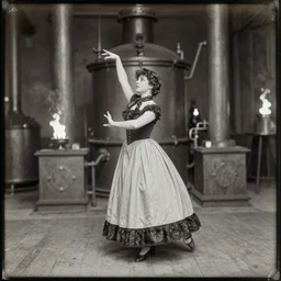 wet plate photograph, portrait of scarves dancer, victorian era boiler room, coal inferno