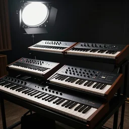 photo still of a rack of keyboard synthesizers, 8 k, studio lighting, overhead light