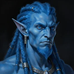 portrait of a blue genasi with a square jaw from d & d by greg rutkowski, dreadlocks and small beard, runic rings, d & d character, blue, black background, highly detailed portrait, digital painting, artstation, concept art, smooth, sharp foccus ilustration, artstation hq