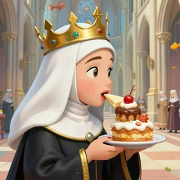 closeup profile portrait of a tin toy medieval nun wearing a crown eating cakes in the cathedral, nicoletta ceccoli, mark ryden, lostfish, max fleischer, hyper realistic, artstation, illustration, digital paint, matte paint, vivid colors, bright, cheerful, detailed and intricate environment