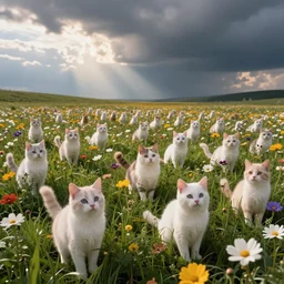an open grass field full of flowers but the flowers are cute cat heads