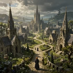 high fantasy magical elven town village, gilroy gardens, art by john howe, alan lee, ted naismith, quinton hoover, j. r. r tolkien, lord of the rings, rpg, dungeons and dragons, elden ring, adventure, environment, smooth, sharp focus, deviantart, artstation