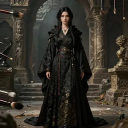 traditional brushes strokes, costume design from luxury house designers, sophisticated composition, old masters light composition, procedurally generated, dark mage girl character posing for concept art, ancient ruins behind her, substance designer, PBR, HD, Ultra detailed, hyperrealistic, megascans, volumetric light, concept by master artist, made in paint tool SAI2, trending pixiv face