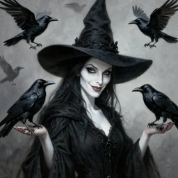 portrait painting of a alluring witch, black robes, ponty hat, white skin, smirk, crows, sharp focus, award - winning, masterpiece, highly detailed, intricate, by rebecca guay, rossdraws