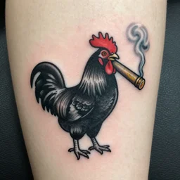 A small tattoo of a black rooster. The black chicken is holding smoking a large cannabis blunt in its mouth