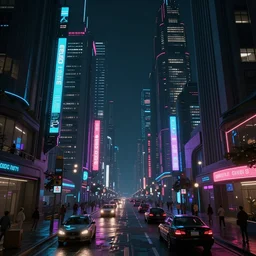 a magnificent dark neon futuristic cyberpunk city bustling street at night | rendered in octane | 3 d render | trending on cgsociety | blender 3 d
