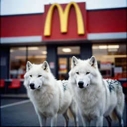 lomo photo of two white wolves standing in front of a mcdonalds restaurant, cinestill, bokeh, out of focus, dramatic lighting, detailed, grainy